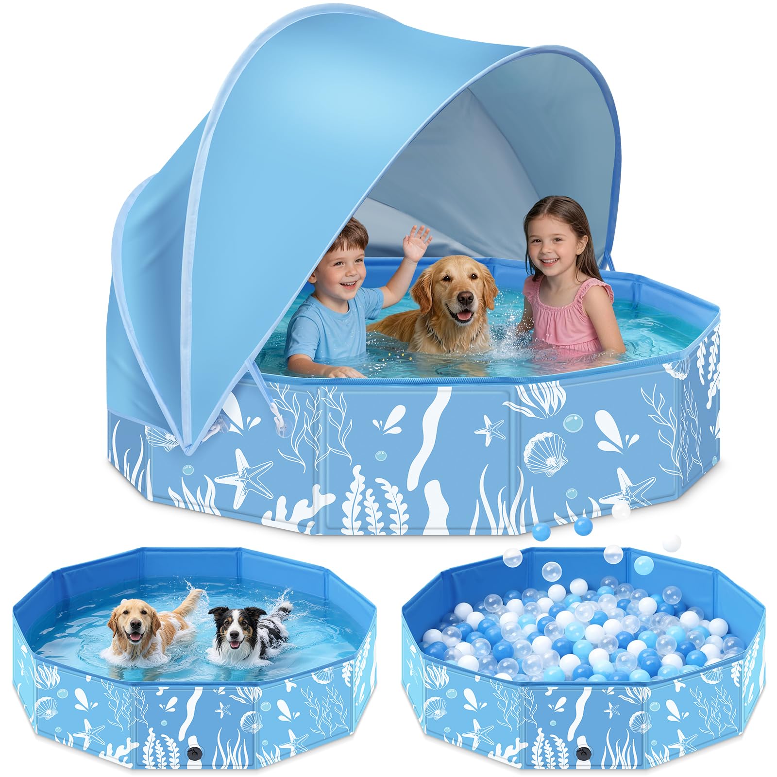Faltbarer Hundepool mit Abnehmbarem Sonnendach, 120cm Robustes Planschbecken für Kinder & Hunde Pool mit Dach, Rutschfestes Hundebadewanne und Kinderpool für Garten Outdoor Camping