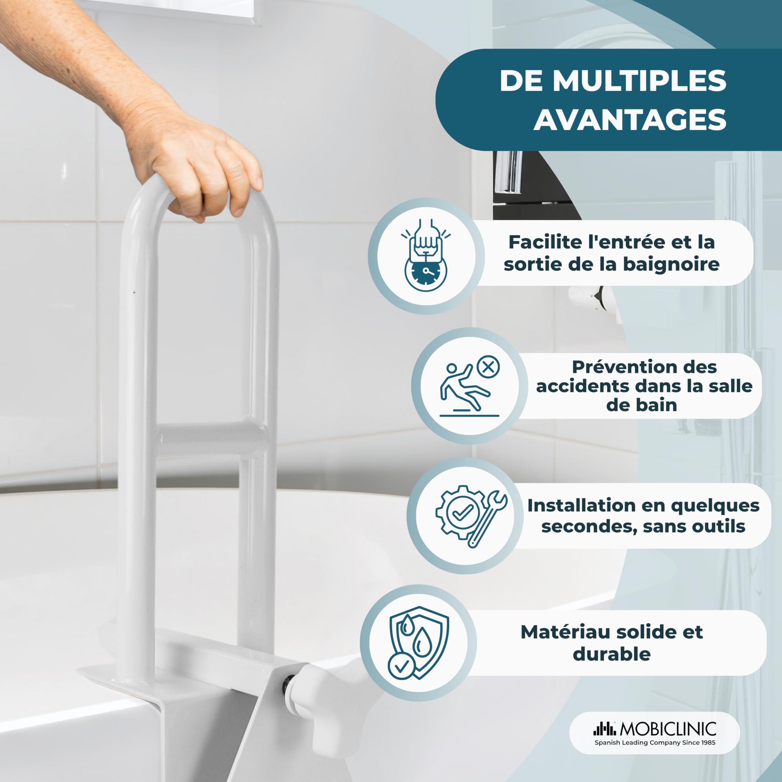 Mobiclinic®, Barre d'Appui Baignoire, Baignoires à Bords Lisses (4,5-13,5 cm), Poignée Ergonomique, Max. 100 kg, Usage Clinique et Domestique, Sûr et Fonctionnel, Mobibary