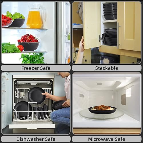 Miniatura 4 de Juego de platos y cuencos negros para 8, vajilla de paja de trigo, de plástico negro, reutilizable, apto para lavavajillas, para cocina, Halloween,