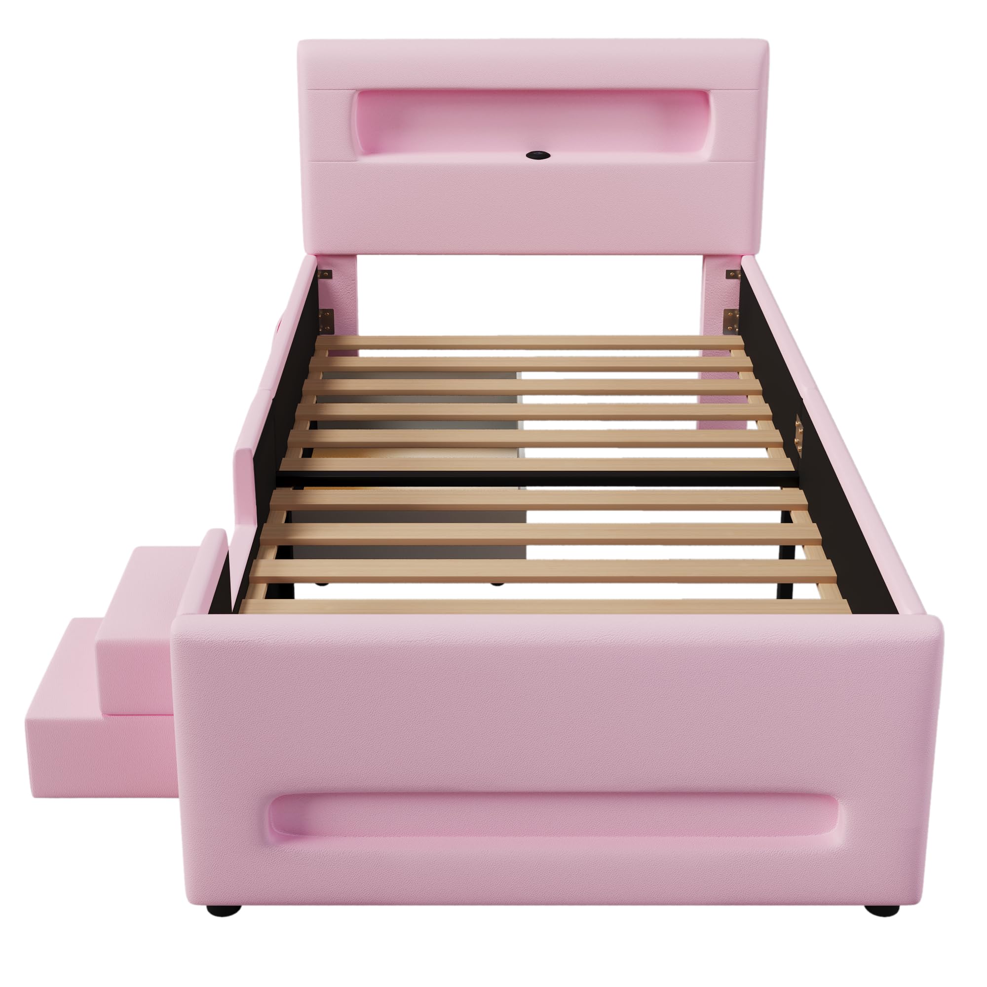 Letto a piattaforma imbottito (90 x 200 cm) con scale, cassetti, strisce luminose a LED e tasche portaoggetti (rosa)