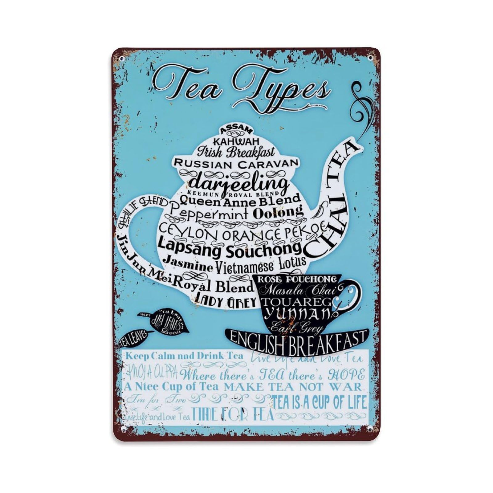 Jdfenggu Vintage Tea Types Teapot Design Pattern Retro Metal Tin Sign, Decor Art Poster For Bar, Home, Man Cave, Kitchen, Laundry Room Gift 8X12inch