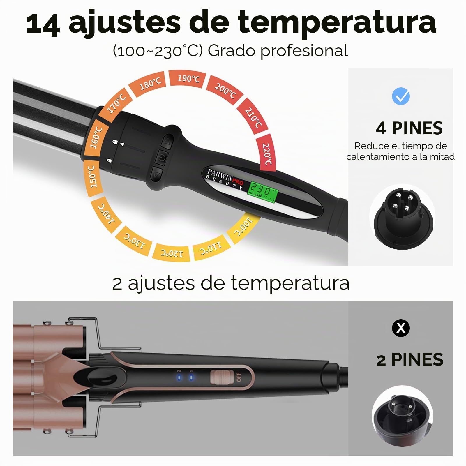 Rizador de Pelo 7 en 1, PARWIN PRO BEAUTY Rizador Pelo Profesional de Cerámica, Curling Iron con 7 Varitas para Rizar, 100 a 230 ℃, Pantalla LCD