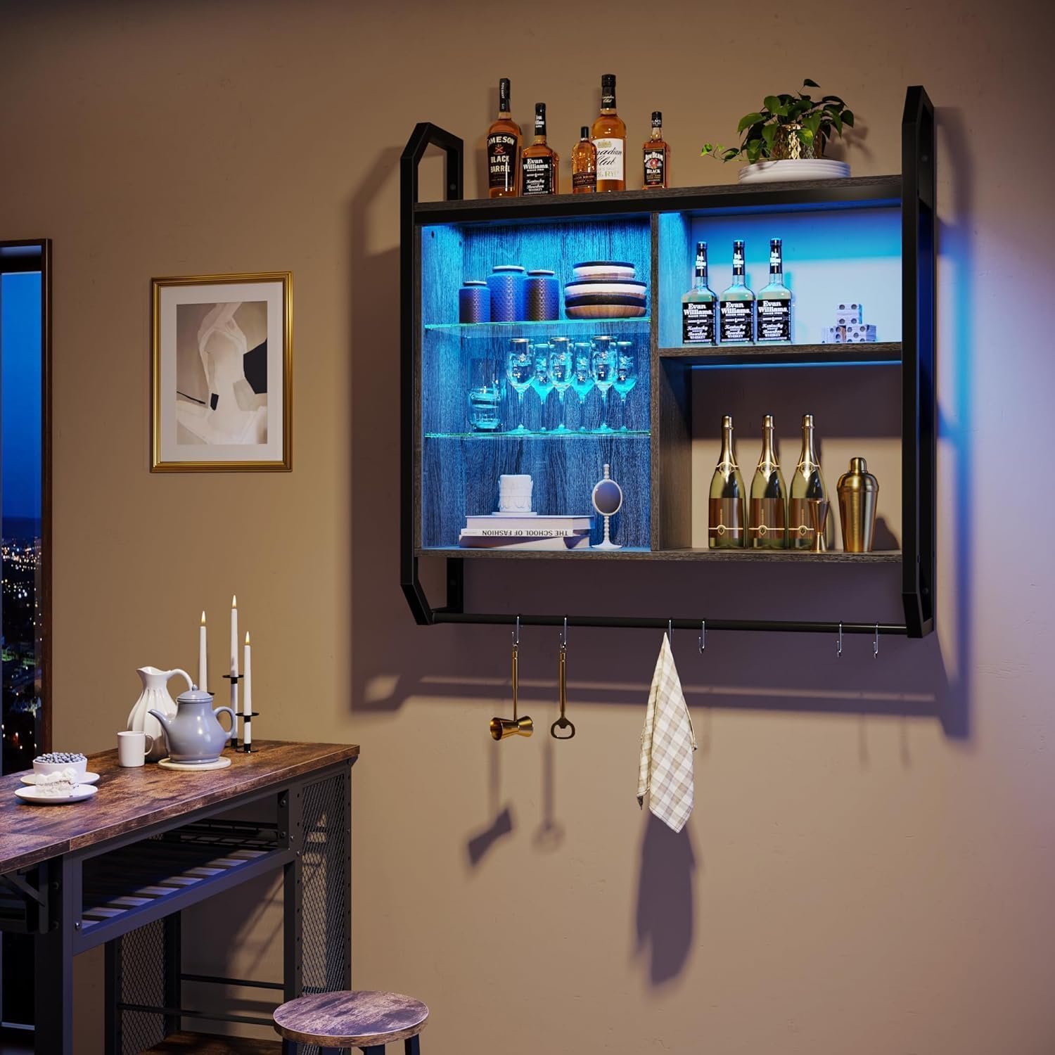 Gaming Estantes Flotantes,84CM LED Estante Montado en la Pared con Estante de Vidrio Ajustable,Estantes de Tubo Colgando Estante de Exhibición de Libros con 6 Gancho en forma de S,Juegos Vino Café Bar