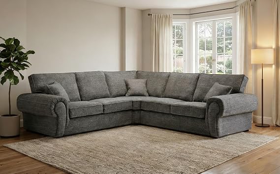 Wilcot Corner Sofa - Chesterfield High Back Sofas - Upholstered Grey Fabric 2C2 Couch - Sectional Dual Arm Settees - Chenille 5 Seater Couches for Living Room & Lounge