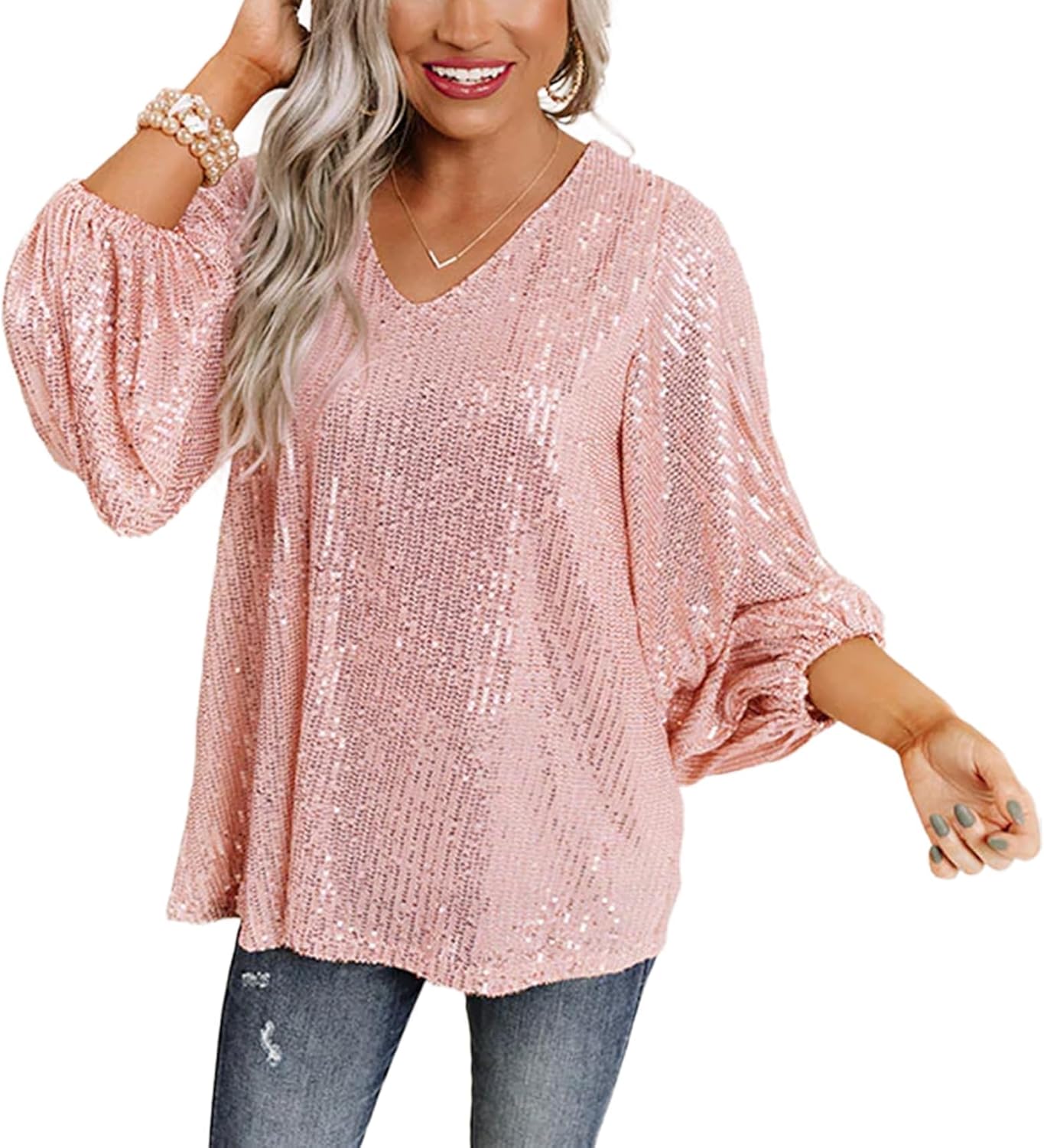 MAYSTEPPE Women Sequin Top Sexy V Neck Balloon Long Sleeve Sequin Shirt Sparkly Glitter Party Tops Blouse for Party Club