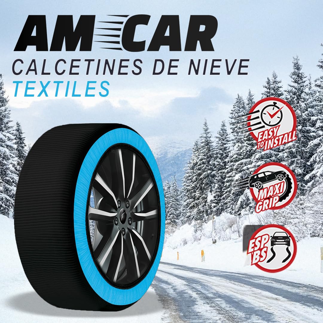 AMCAR - Calcetines de nieve textiles, talla M, homologados Italia EN 16662-1 – Cadenas de nieve de tela montaje 3 minutos – Snow Sock Auto SUV compatibles vehículos eléctricos – Tejido 3D protección