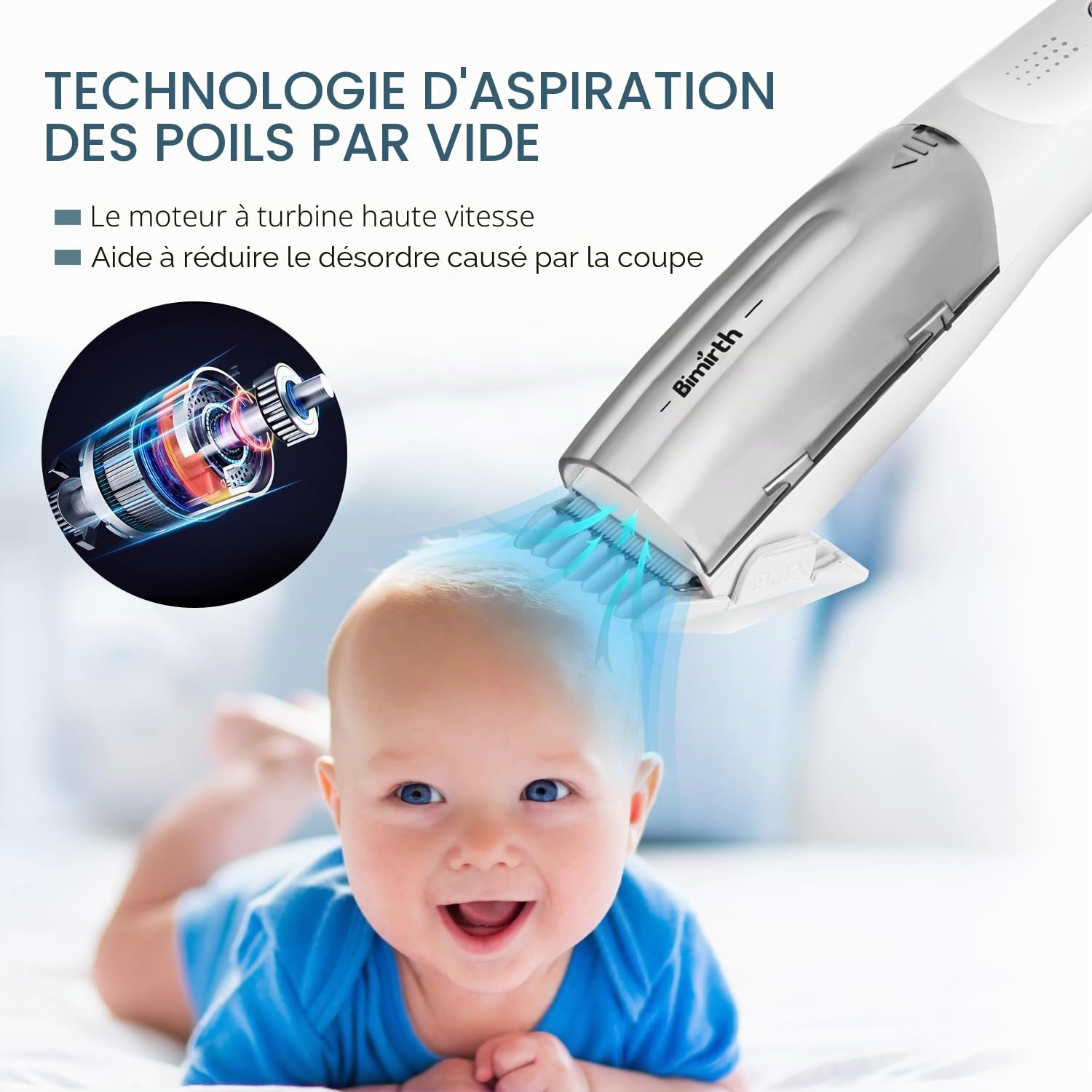 Bimirth Tondeuse à Cheveux pour Bébé, Tondeuse Bebe Silencieux - Sans fil - Silencieuse - Câble USB - Rechargeable - dans un Sac pour un Rangement Facile - Étanche - 3 peignes de protection (Vacuum)