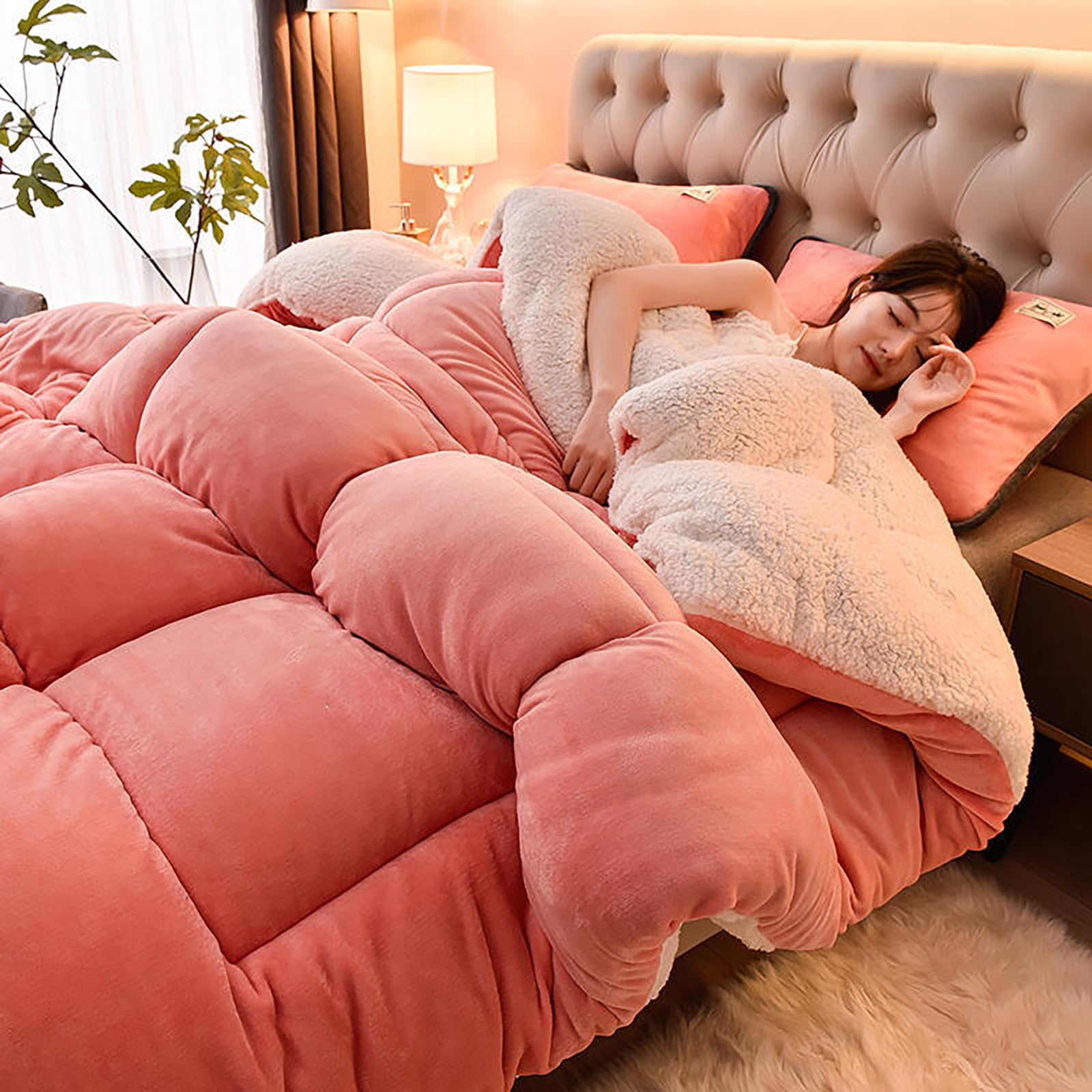 Prelgosp Pink Warm Cashmere Quilt, Winter Lambs Wool Blanket, Fluffy Wool Filled Duvet Pretty Warm On Cold Nights,,220X240cm/5Kg