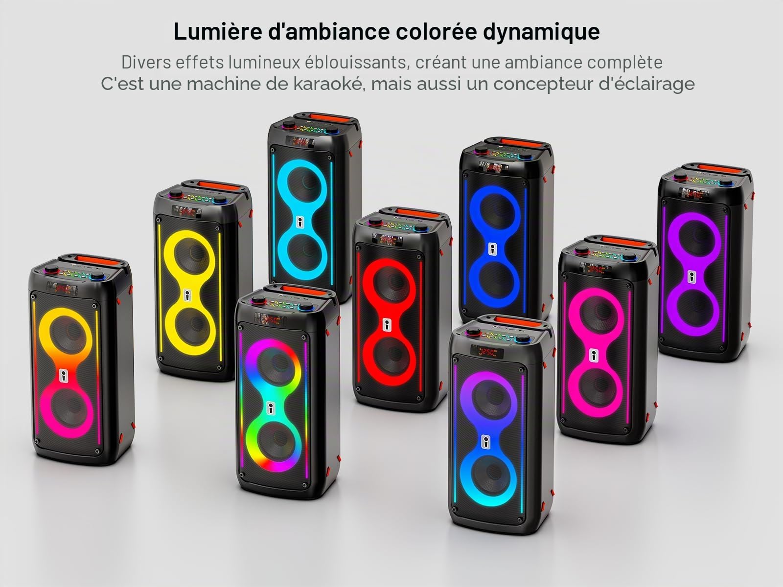 Machine de karaoké, enceinte portable d'extérieur avec 2 microphones sans fil, système PA avec lumières LED pour camping, plage, fête, prise en charge USB/TF/REC/AUX, batterie de 6000 mAh, cadeaux
