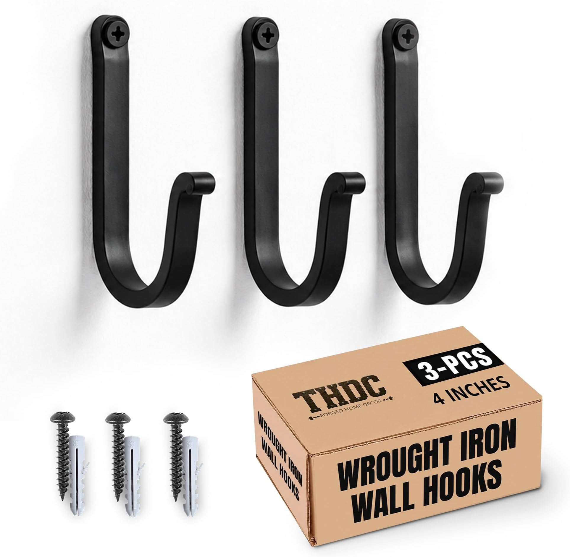 THDC Single Prong Wrought Iron Hooks, Vintage Hand Forged Iron Curved Metal Fasteners – Decorative Colonial Wall Décor, Heavy Duty Wall Hooks, Hangers for Keys, Coats, Robe, Bags, Home, Kitchen (3)