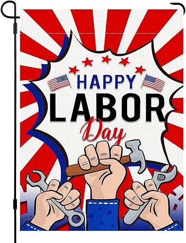 Bandera de jardín para el Día del Trabajo, martillo de doble cara, arpillera de doble cara, 12 x 18 pulgadas, decoración vertical pequeña para