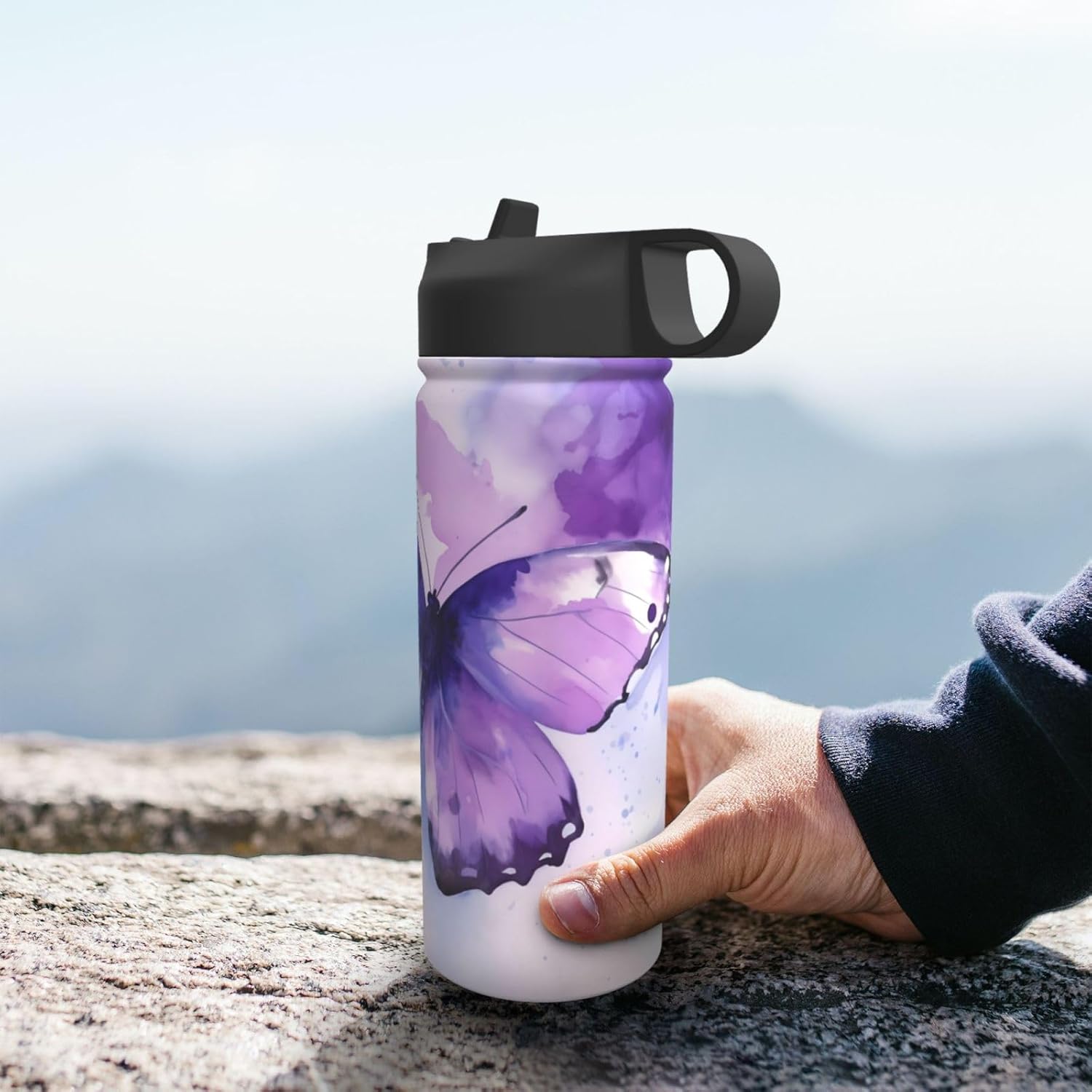 18 oz Purple Butterfly Double Wall Insulated Water Bottle with Straw and Lid, Stainless Steel Sports Bottles Watercolor Travel Mug for Home Office