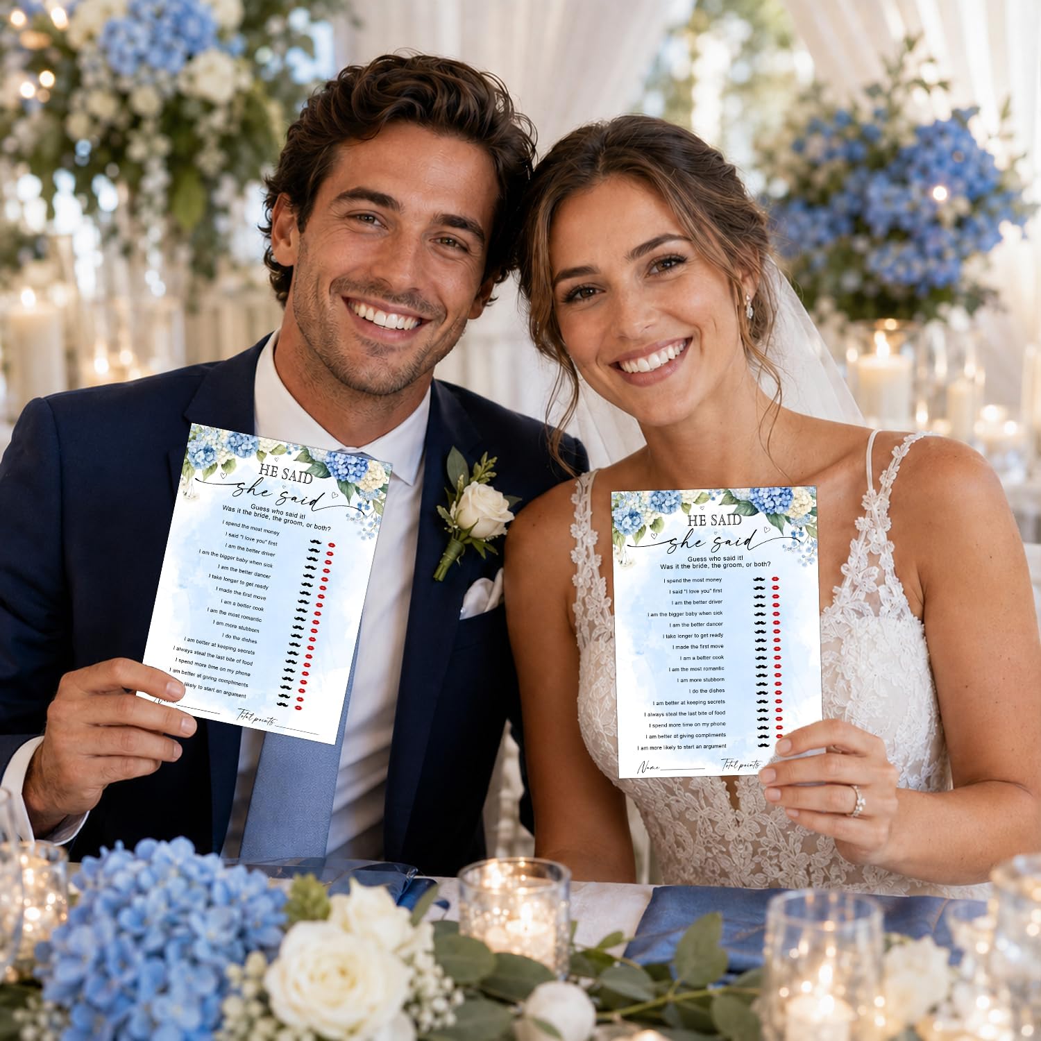 He Said She Said Game Cards, Blue Floral Bridal Shower Game for Guests, Fun Wedding Couple Trivia Activity, Enagement Bridal Shower Bachelorette Party Supplies-30 Pcs image 2