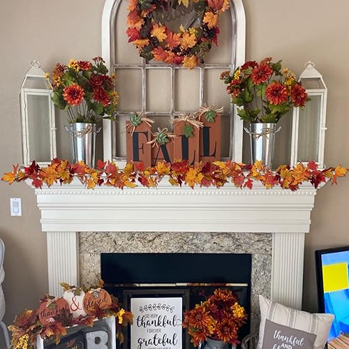 Miniatura 5 de Paquete de 2 guirnaldas de hojas de arce de otoño, decoración de hojas artificiales de 5.8 pies para árbol de otoño, manto, mesa, dormitorio,