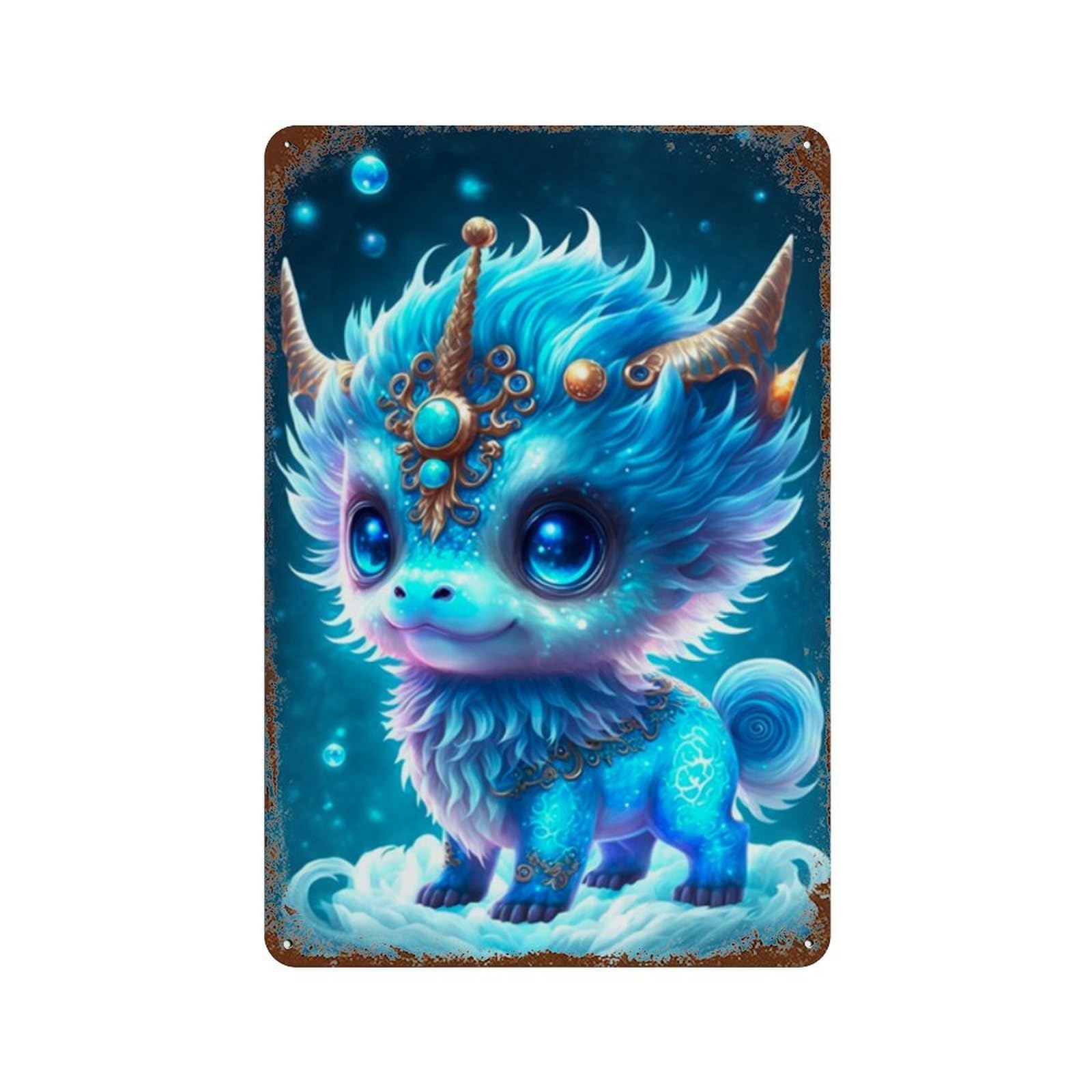 Fantasy Blue Mythical Creature Rust Effect Tin Sign 11.8"x7.9", Industrial Home Decor for Garage, Pub Or Kitchen