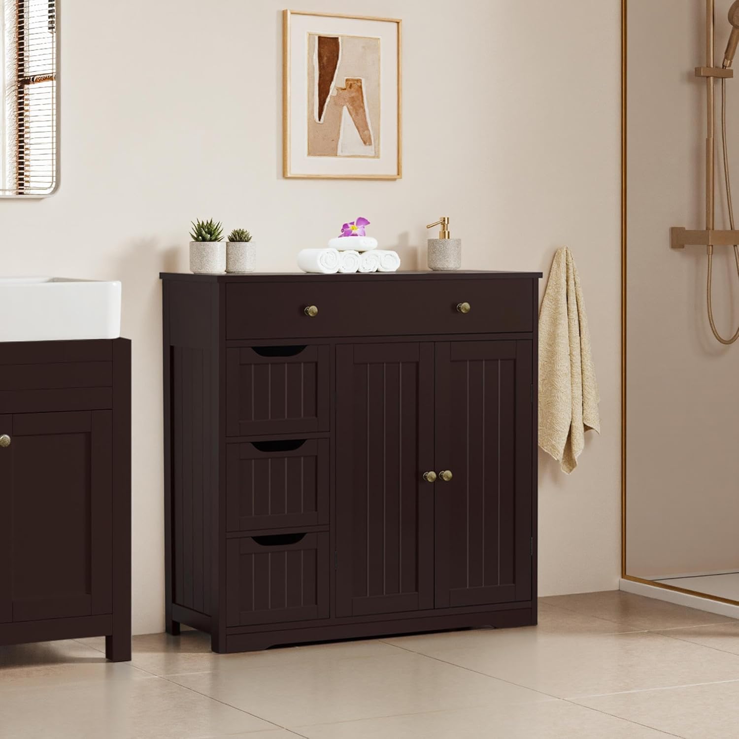 Topeakmart Bathroom Free-Standing Floor Cabinet, Practical Large Storage Cabinet with 4 Drawers and 2 Doors for Kitchen, Entrance Area, Living Room, Adjustable Shelf, Ample Space Espresso