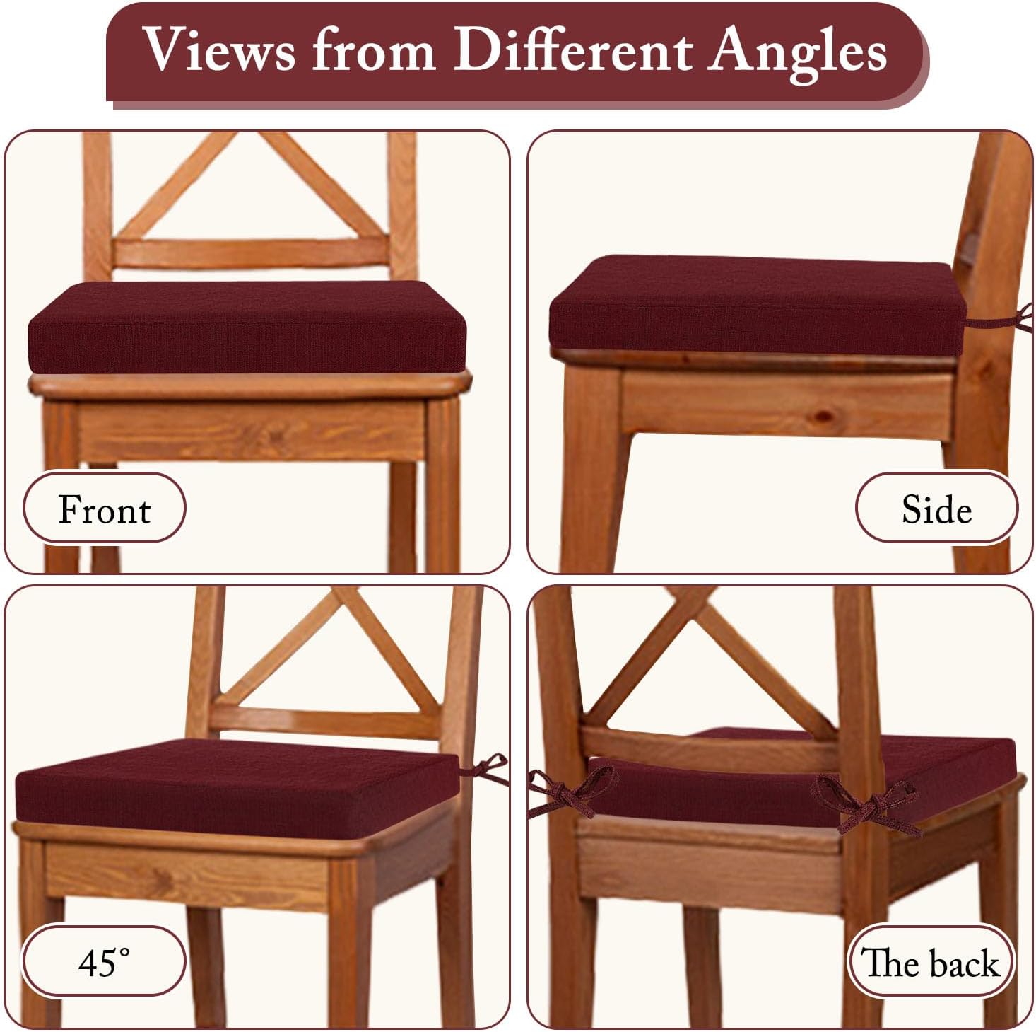 Cozyide Chair Cushions for Dining Chairs, Square Chair Pads with Ties and Non-Slip Bottom, Kitchen Chair Cushions 2 Pack, 16" x 16" x 2", Burgundy