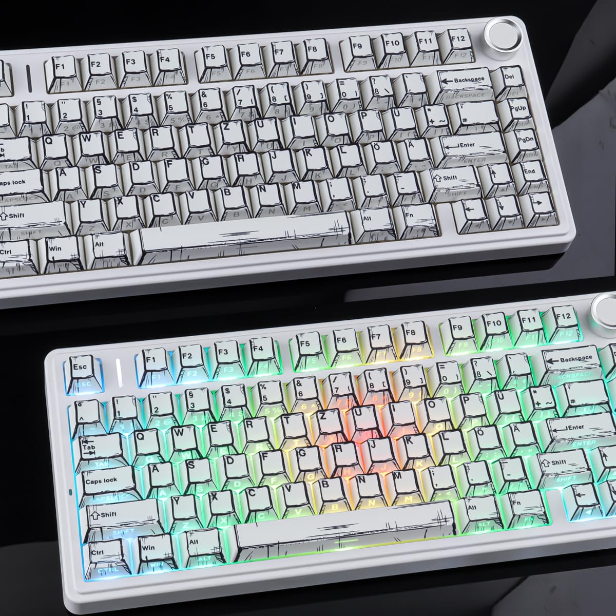 PBT German Keycaps, 128 Keys Manga White Keycap, Retro Style Side Printed Shine Through Dye Sub Keycap for Cherry MX Switch ISO QWERTZ Layout Meccanical Keyboards