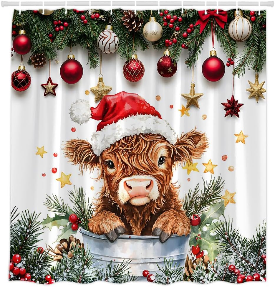 Christmas Highland Cow Polyester Fiber Shower Curtain with Hooks 70" L x 108" W, Cute Xmas Farmhouse Animal Fabric Shower Curtains Set for Bathroom, Winter Holiday Bath Decor
