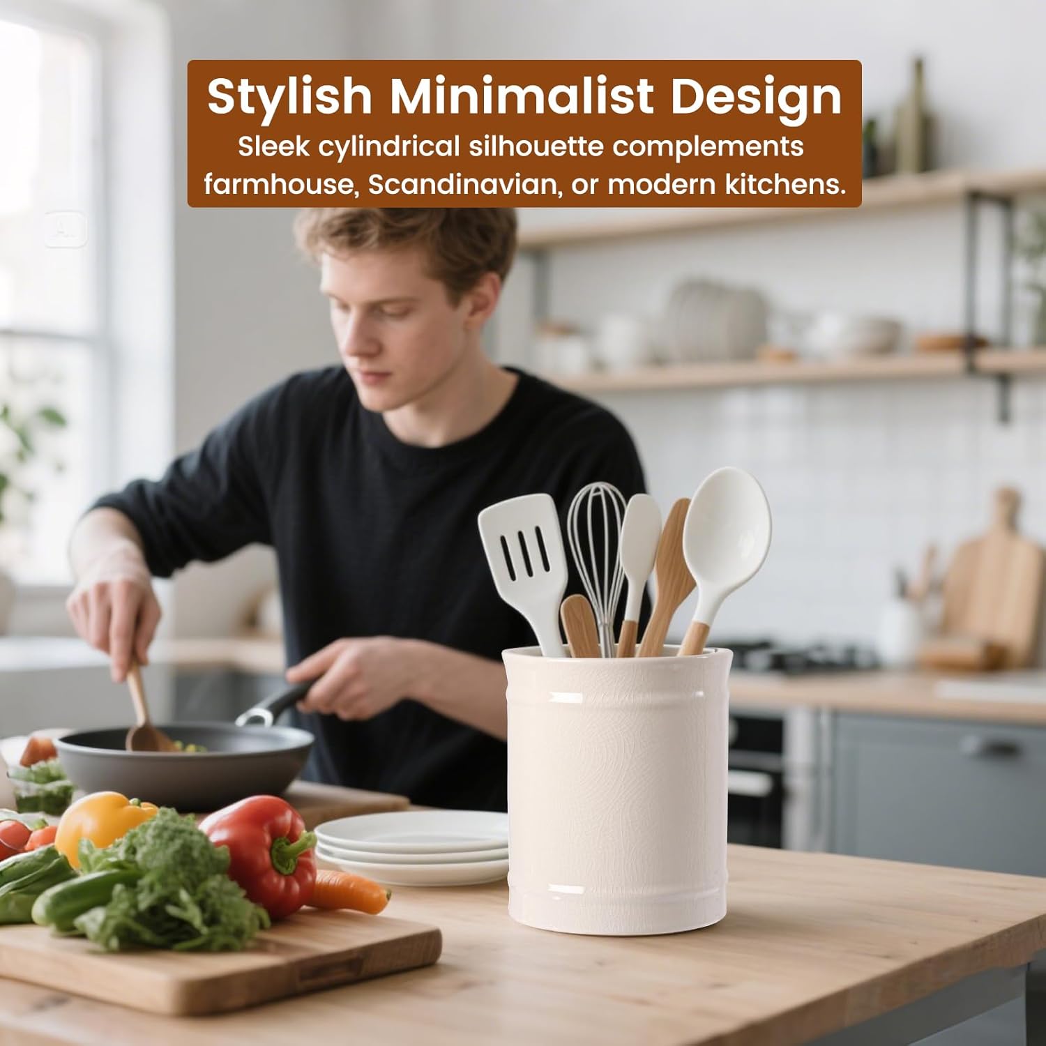 SZUAH Kitchen Utensil Holder, Larger Ceramic Utensil Crock for Kitchen Counter top & Dining Table (Cream, 5.9" x 5.9" x 6.7")