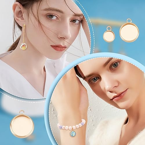 Miniatura 6 de Beebeecraft 24 bandejas colgantes redondas de bisel en blanco de 6100.472 in, chapado en oro de 18 quilates, configuración de base de cabujón, dijes