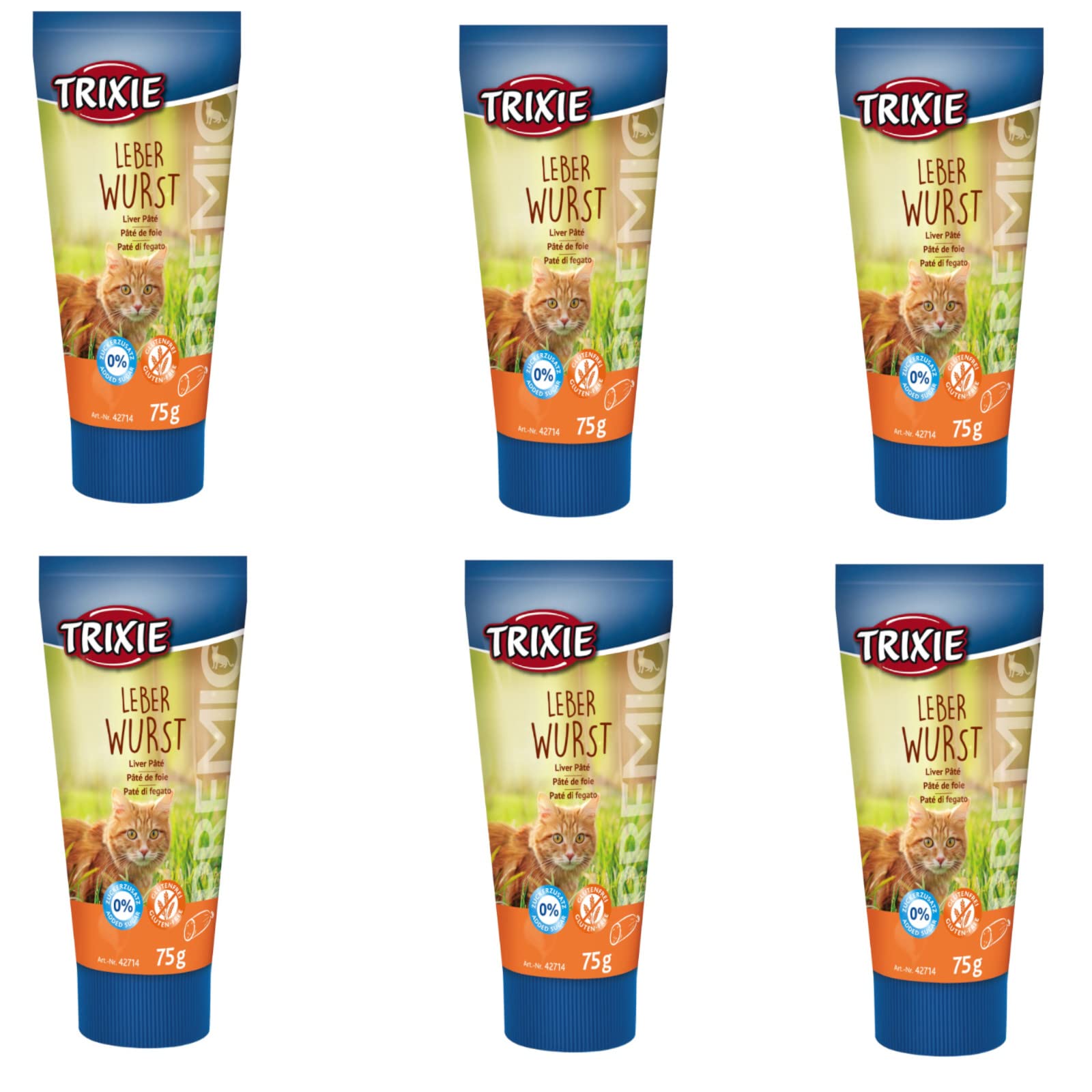 Trixie Premio Paté de hígado para Gatos | Paquete de 6 | 6 x 75 g | Sabroso Snack para Gatos | con reducido Contenido de Sal y Especias | con taurina para apoyar la visión