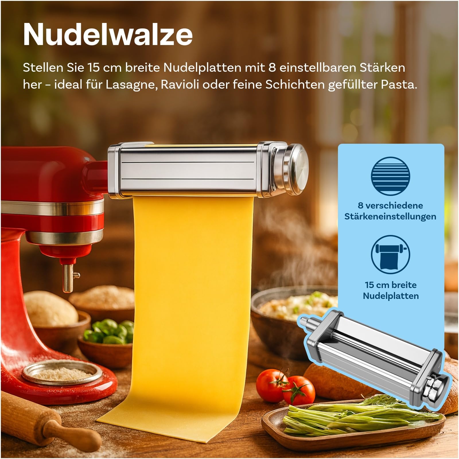 Nudelaufsatz für KitchenAid Küchenmaschine 3-teilig – Pasta Roller, Spaghettischneider & Fettuccineschneider – Edelstahl Aufsätze - Küchenmaschinen Zubehör für KitchenAid von MMOBIEL