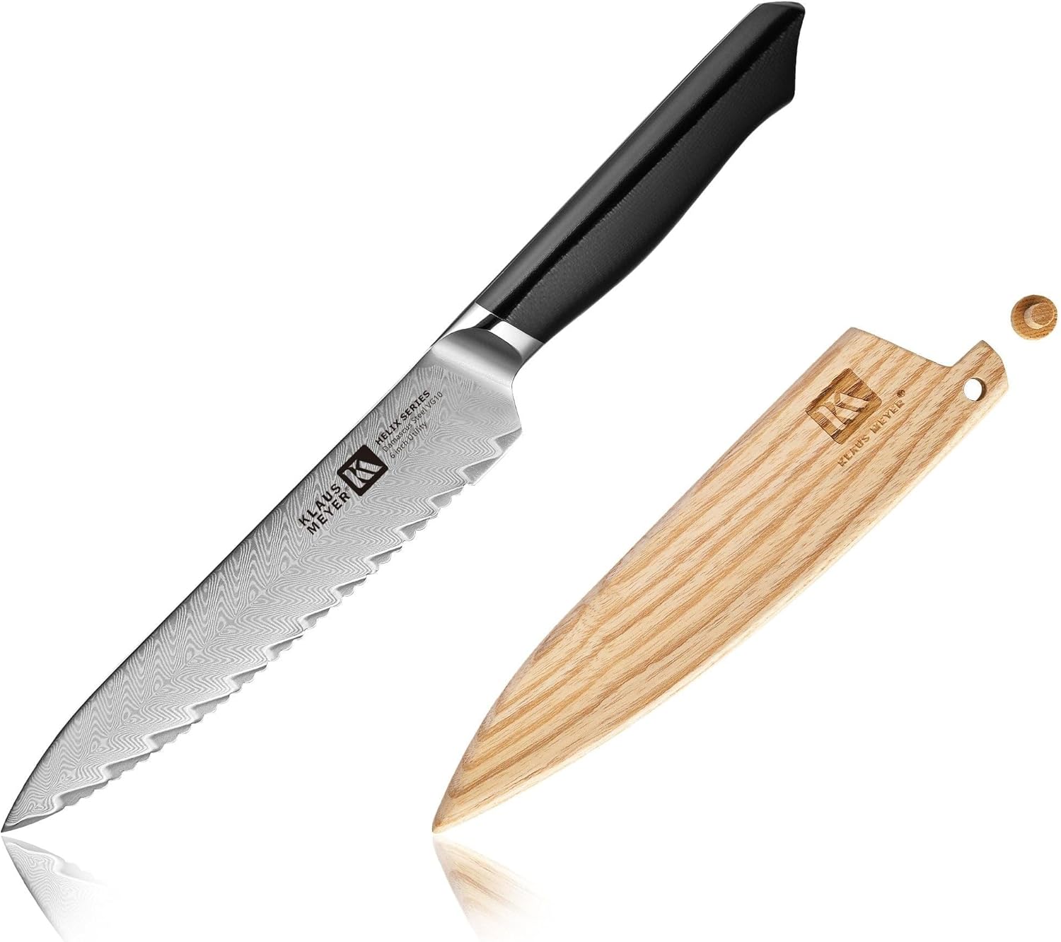 Klaus Meyer Helix Damascus Steel 6 inch Utility Serrated Knife with Wood Sheath