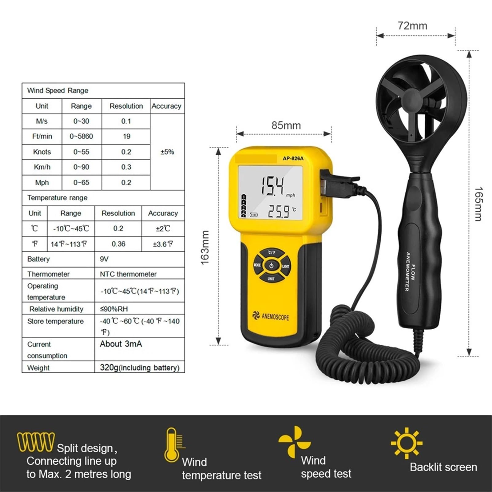 Anemómetro Digital for velocidad del aire, temperatura del flujo de aire, máx./promedio/corriente, medida en tiempo Real con luz trasera