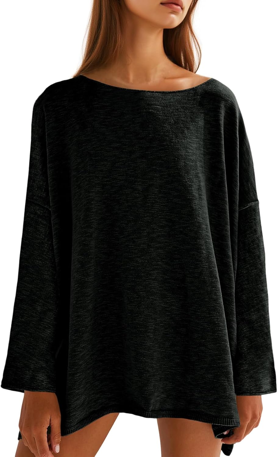 Tankaneo Womens Long Sleeve Shirts Oversized Lightweight Sweaters Crewneck Side Slit Hem Casual Blouse Tunic Tops