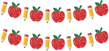2Pcs Apple Pencil Banner for Back to School Decorations Pre-Strung Glitter First Day of School Decorations Back To school Garland for for Teacher Classroom Party Supplies