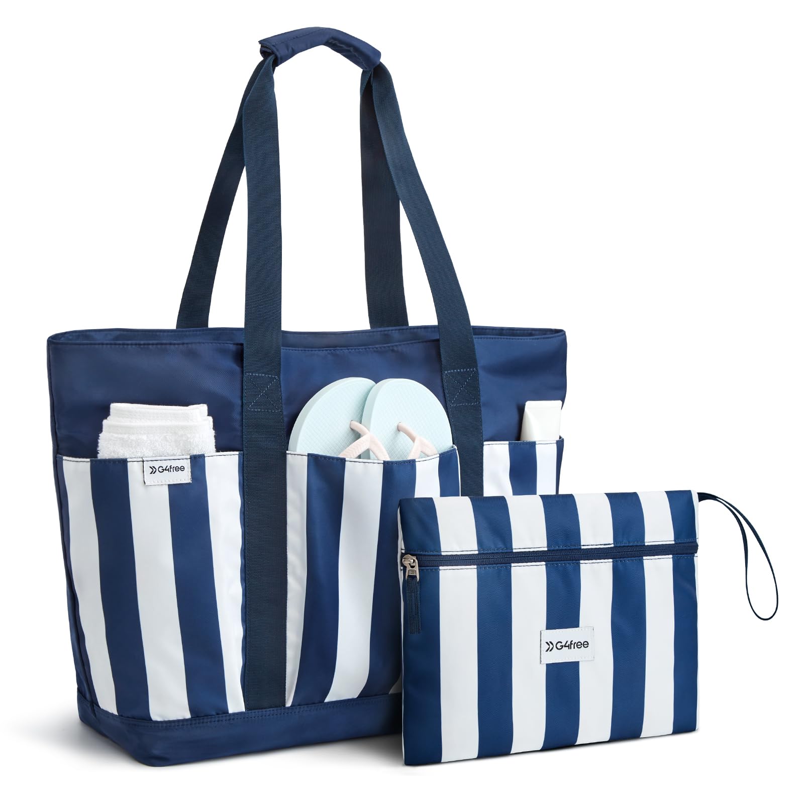 G4Free Beach Bag,Waterproof Beach Tote Pool Bags for Women, 50L Large Capacity Foldable for Weekender Travel- Blue white stripe