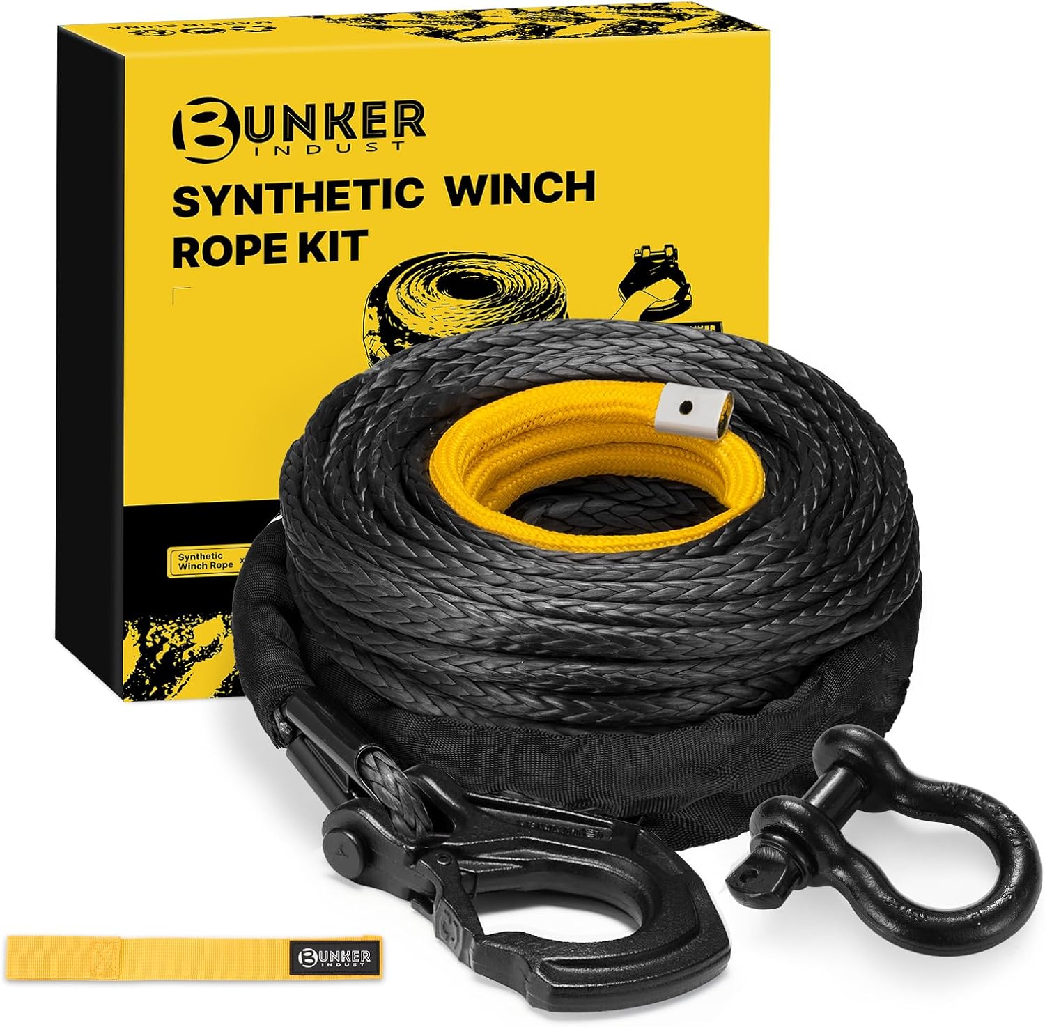 BUNKER INDUST Synthetic Winch Rope + D-Ring Shackle + Winch Hook,100ft x 3/8" 26500Lbs Winch Cable Replacement Kit with Protective Sleeve for Truck, Jeep Off-Road Recovery