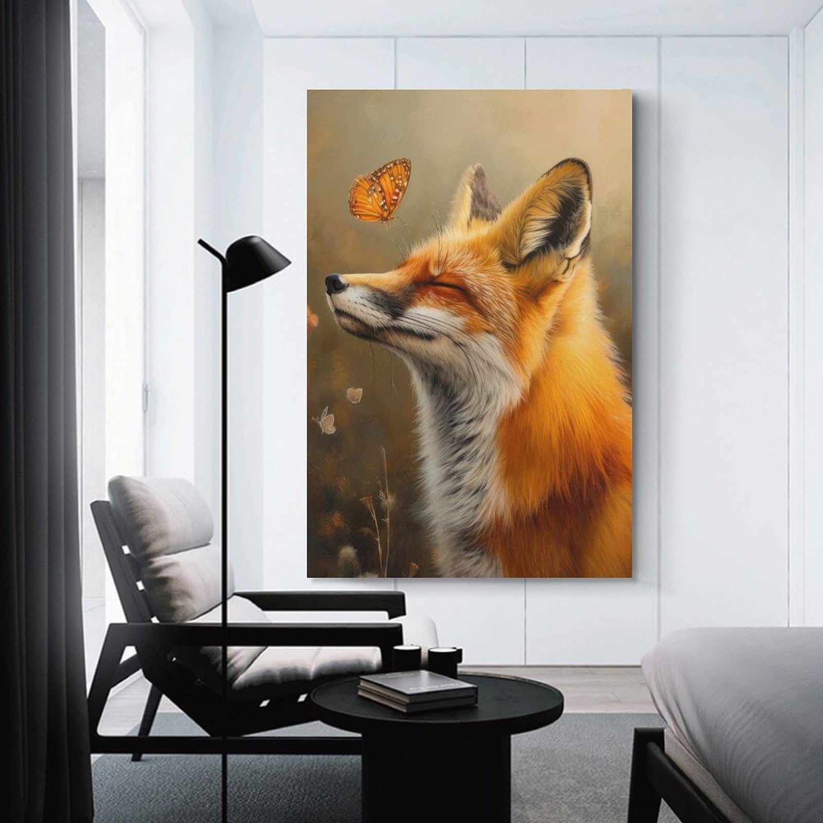 Junmoney Unframe-Style-11 Fox And Butterfly Canvas Wall Art 08X12inch(20X30cm), For Workspace Walls, Study Corners Or Bedrooms, Wall Art That Adds Style To Work Areas