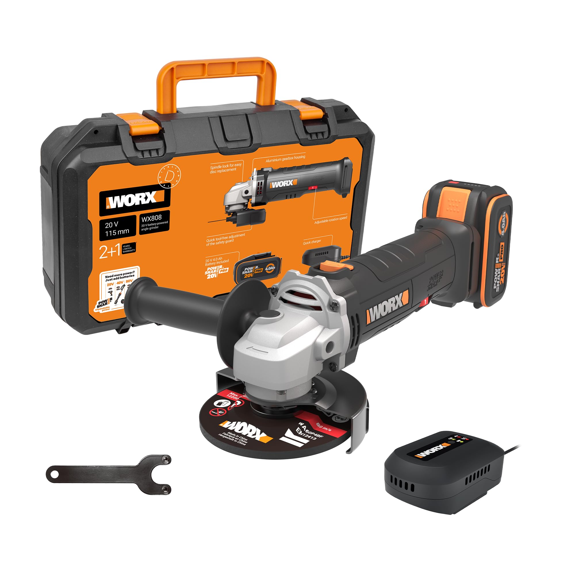 WORX WX808 Smerigliatrice angolare a batteria 20 V, disco da 115 mm, 6 velocità da 2.500 a 11.000 giri/min, cuffia di protezione, impugnatura SoftGrip, batteria 4,0Ah e caricabatterie inclusi