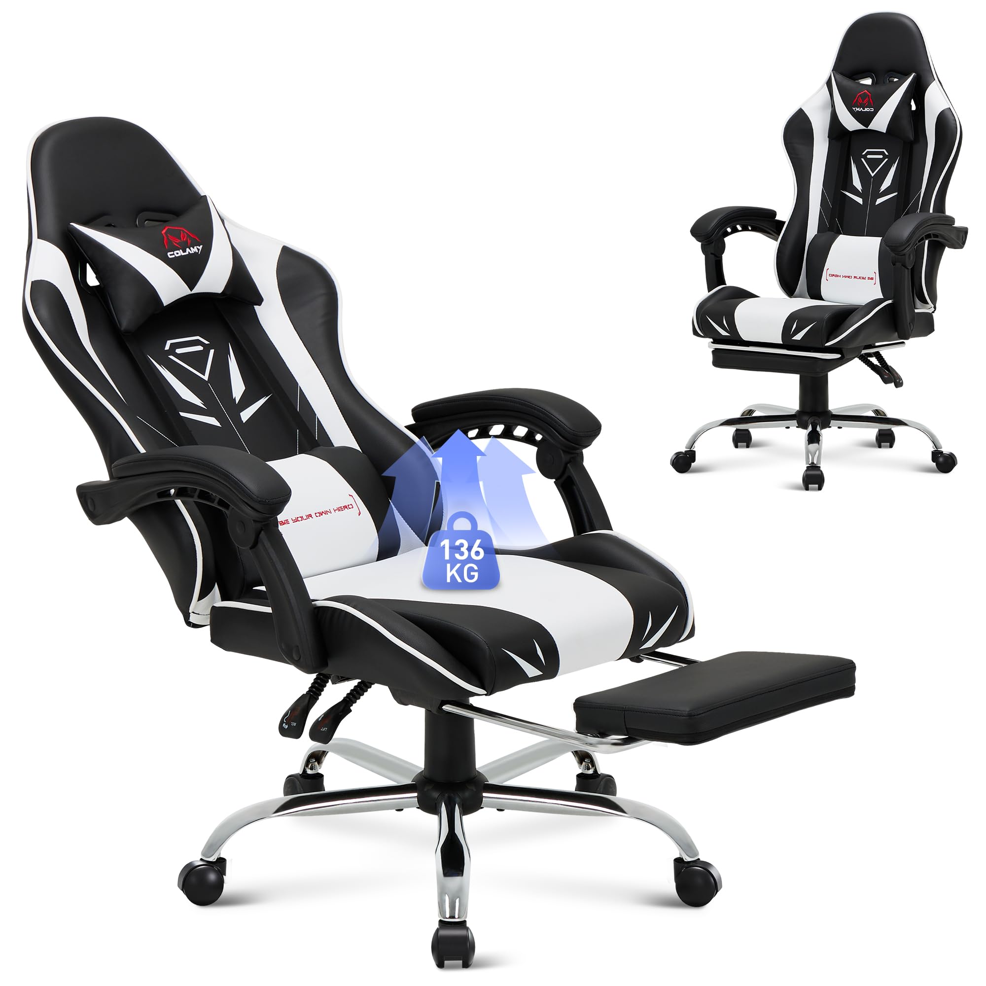 COLAMY Silla para Videojuegos, Silla de Ordenador con reposapiés y Soporte Lumbar, Silla de Gaming Regulable en Altura con Asiento Giratorio de 360° y reposacabezas, Silla de videogamer PC, Respaldo