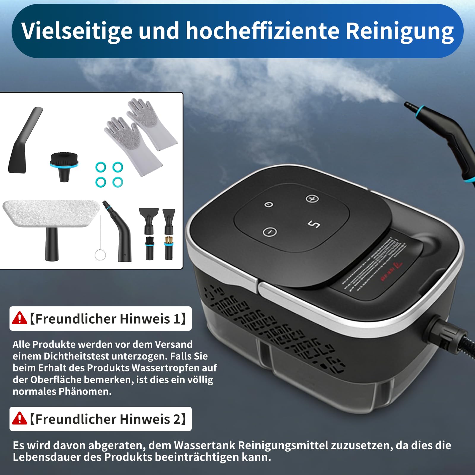 Dampfreiniger Handgerät, 2500W Handdampfreiniger, 8 Düsen, 6 Dampfstufen, 1250 ML Tank, 105℃ Hochtemperatur, 4 BAR Hochdruck, 15S Heizzeit, Tragbarer Dampfreiniger für Auto Küche Bad Polster BBQ