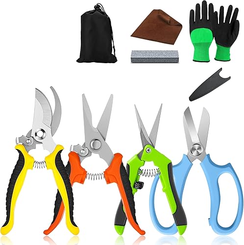 Juego de 9 tijeras de podar de jardín cuchillas de acero inoxidable tijeras de jardín resistentes herramientas de jardinería con guantes de