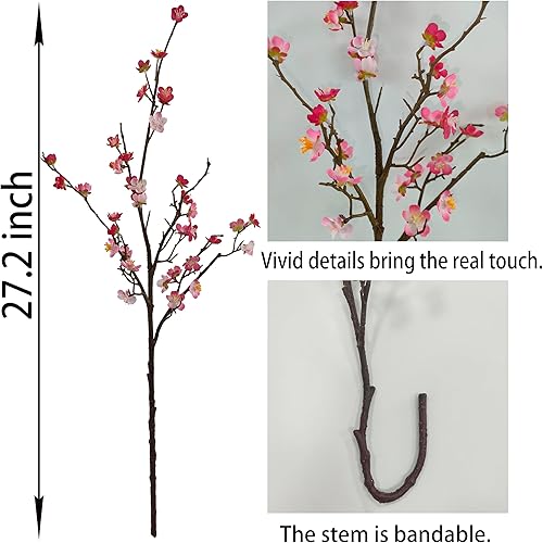 Miniatura 3 de Flores de ciruelo artificiales, 6 flores de cerezo rojo rosa, ramas falsas para jarrón, tallos de flor de cerezo sintético para decoración del hogar