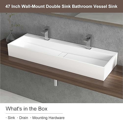 Miniatura 7 de Weibath Fregadero flotante de 47 pulgadas montado en la pared de doble fregadero de resina de piedra en blanco mate
