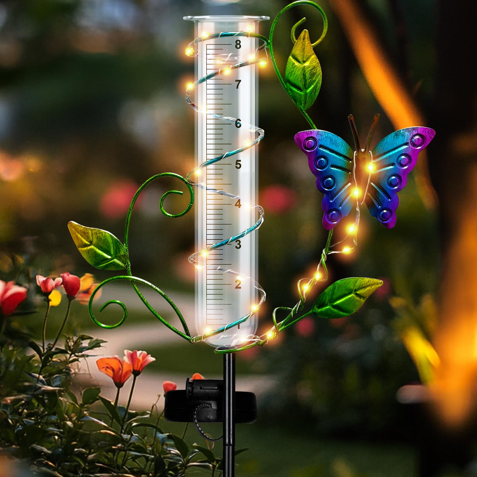 Schmetterlings-Regenmesser für den Außenbereich – kabelloser Solar-Regenmesser mit 20,3 cm Kapazität, Glas-Ersatzrohr, bestbewertet, Metall, dekorative Gartenstecker mit LED-Lichtern für Hof
