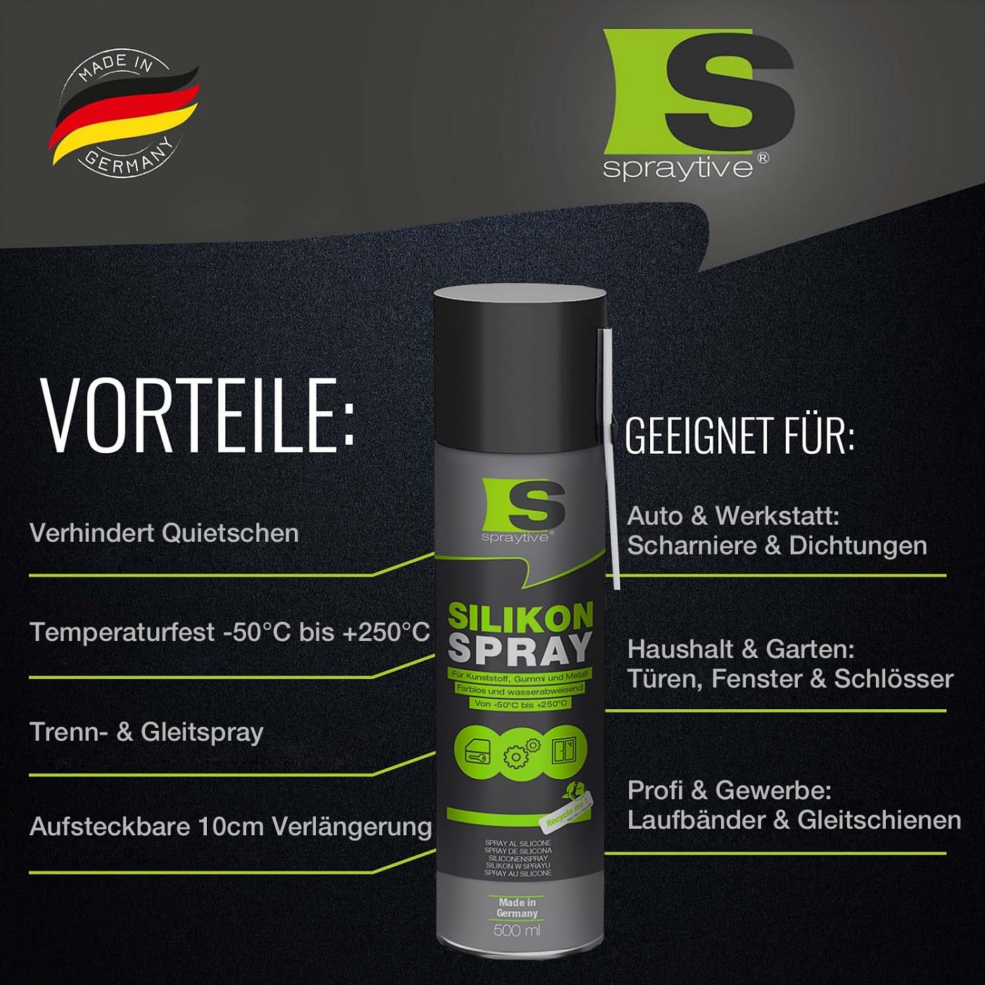 6 x 500 ml spray silicone - Lubrifiant et spray lubrifiant pour voiture, caoutchouc, plastique et métal - Incolore, hydrofuge, sans résidu, de -50 °C à +250 °C - Fabriqué en Allemagne