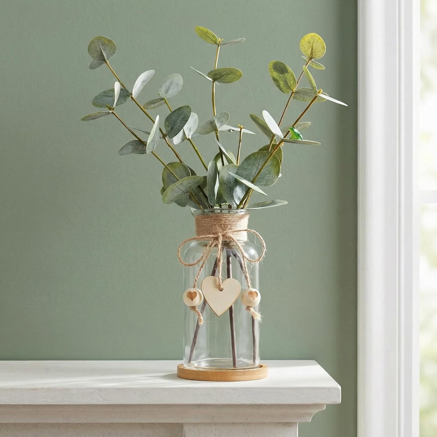 Artificial Eucalyptus Greenery Stems in Glass Vase,15" Doule Side 3D Fake Plants Eucalyptus Leaves faux Greenery for Centerpiece Table Decorations Home Room Decor office Desk Green Decor (Clear) - Image 2