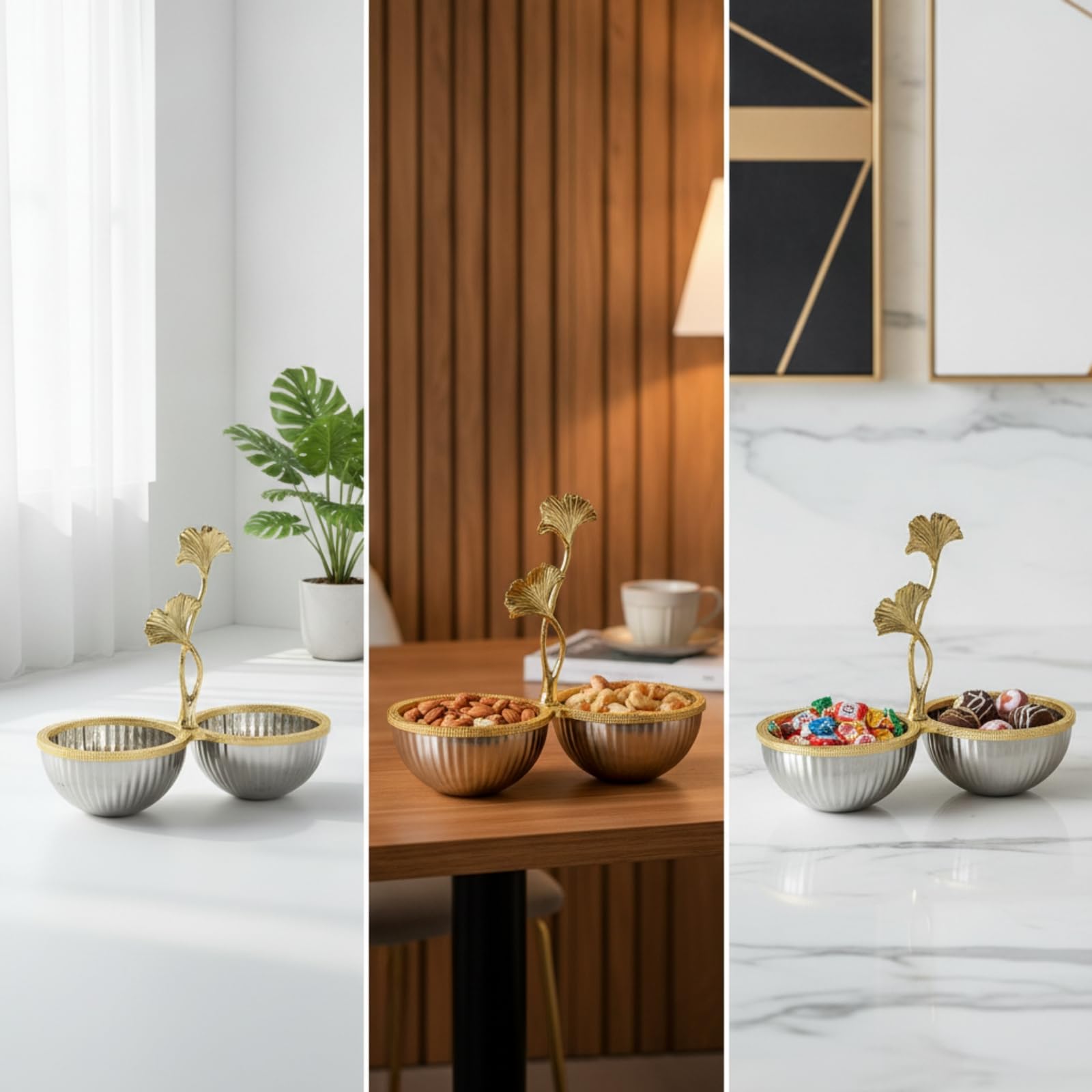 Amagogo Snack Schale Servierschale Naschschale Knabberschale mit Doppelschale aus Edelstahl mit Blattgriff für Snacks Süßwaren Trockenobst für Zuhause Gästezimmer Couchtisch Arbeitszimmer