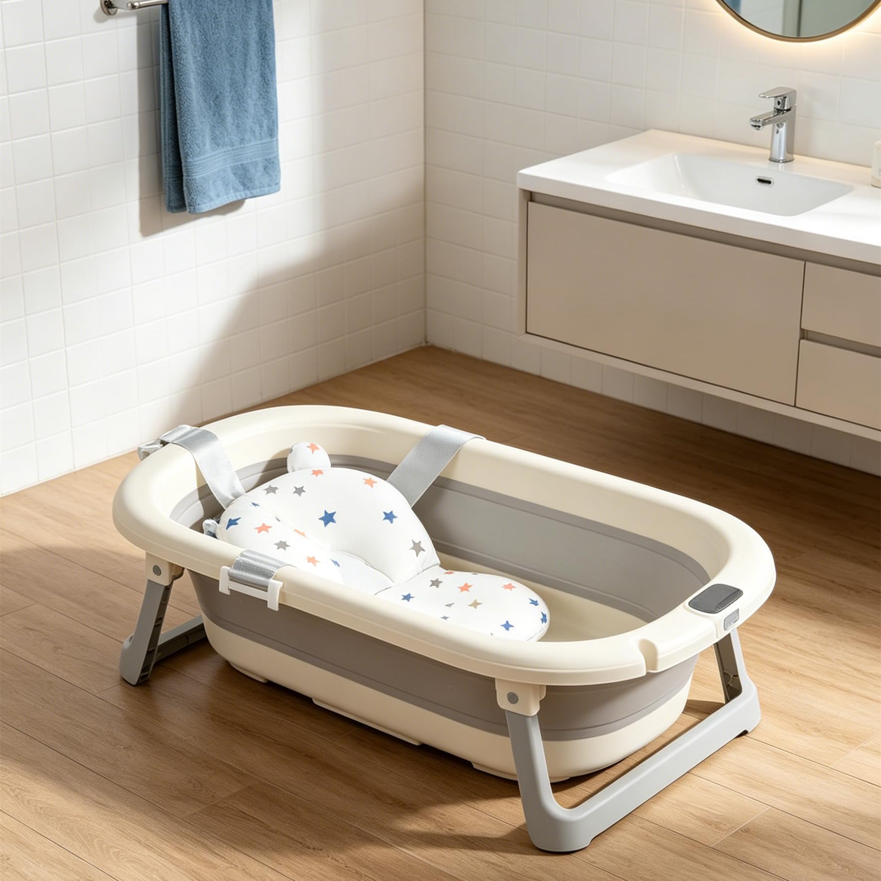 Foldable Baby Bath Tub with Cushion Seat, Non-Slip, 72x45x17cm, Newborn Support, Tub Collapsible Bathtub Baby Bath Essentials for Newborn (Grey)