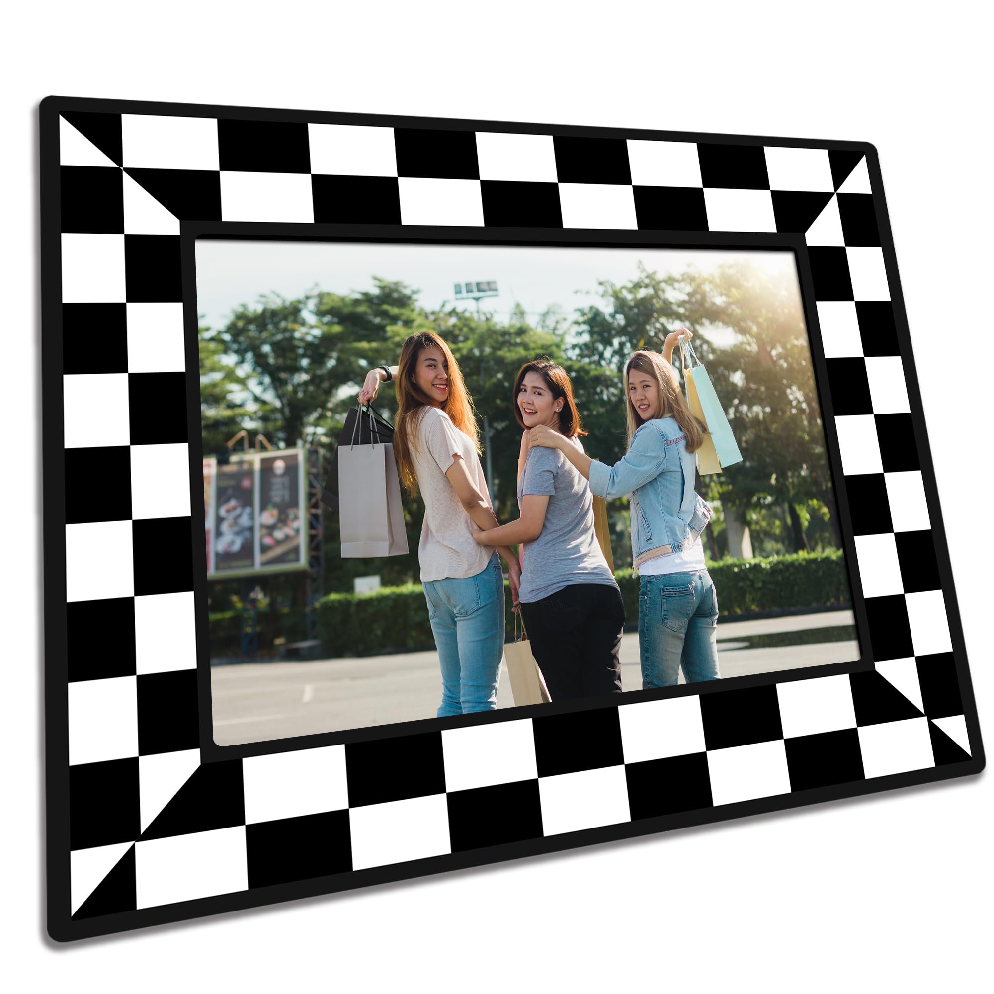 AMHGLW Groovy Wooden Picture Frame For 5"X7" Picture - Classic Black & White Checkerboard Frame Tabletop Display,Christmas Gifts For Kids & Adults,