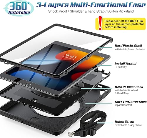 Miniatura 5 de SEYMAC stock Funda para iPad de 9ª/8ª/7ª generación de 10.2 pulgadas 2021/2020/2019, funda de cuerpo completo con soporte giratorio de 360º y correa