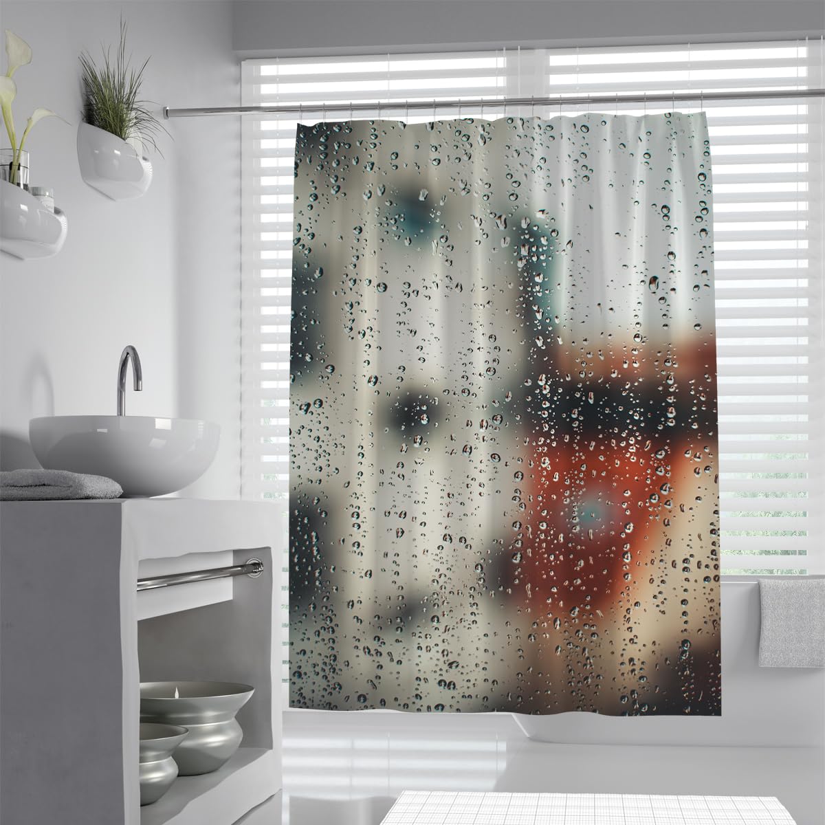 UIRINGART Window Raindrops Shower Curtain W200xL200cm Abstract City Street View Waterproof Anti Mould Machine Washable Bathroom Curtain with Hooks