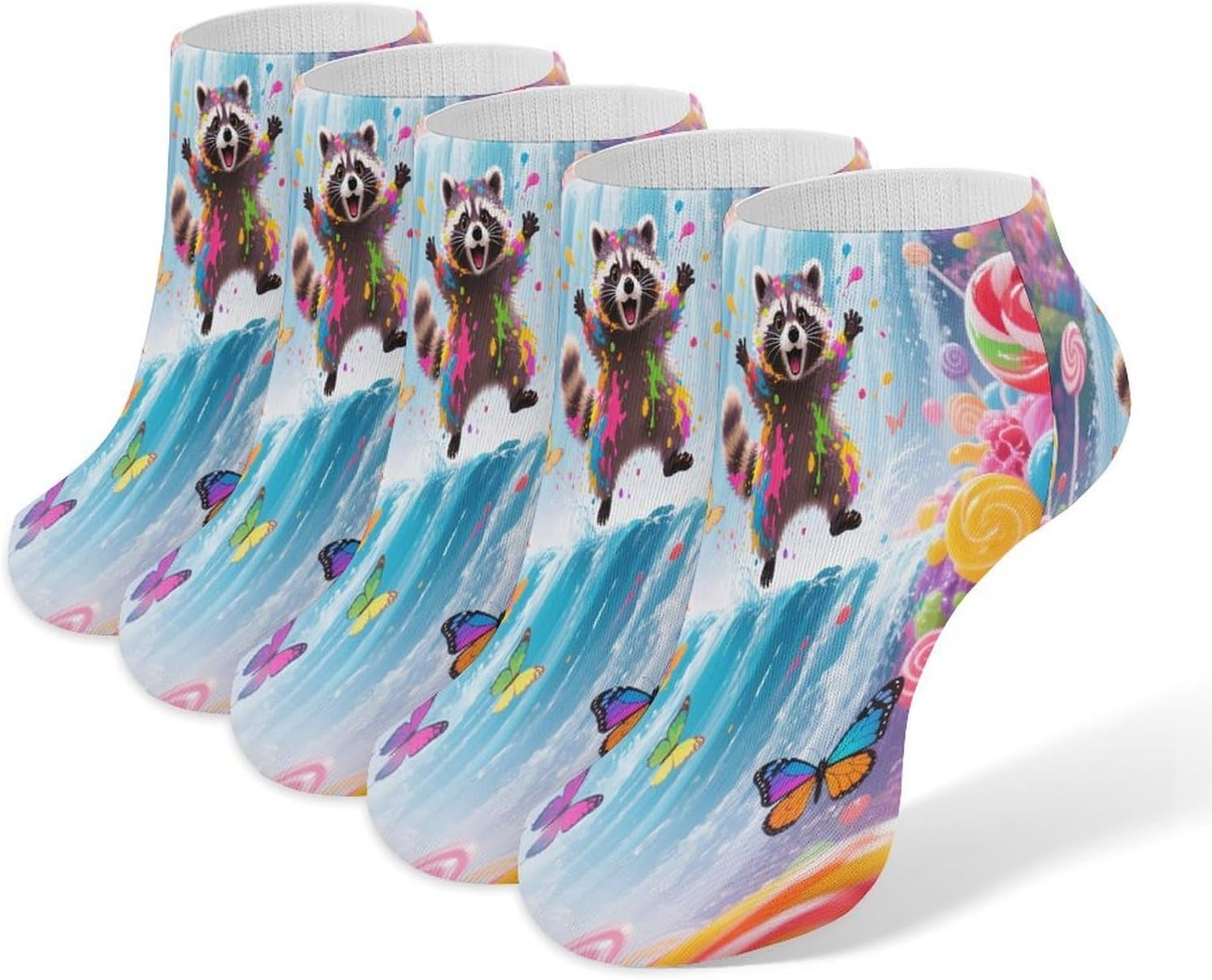 Socks for Men Women 5 Pairs Short Ankle Socks | Candyfall Raccoon Low Cut Casual Crew Sock Cute Breathable Athletic Socks Non Slip No Show Sock