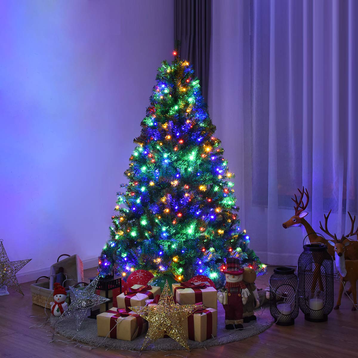 COSTWAY Albero di Natale 120/150/180/210 cm, Albero di Natale con Luci Incorporate 11 Modalità di Illuminazione, 300/600/1000/1570 Rami e Base in Metallo, Perfetta per Casa e Negozio (180cm)